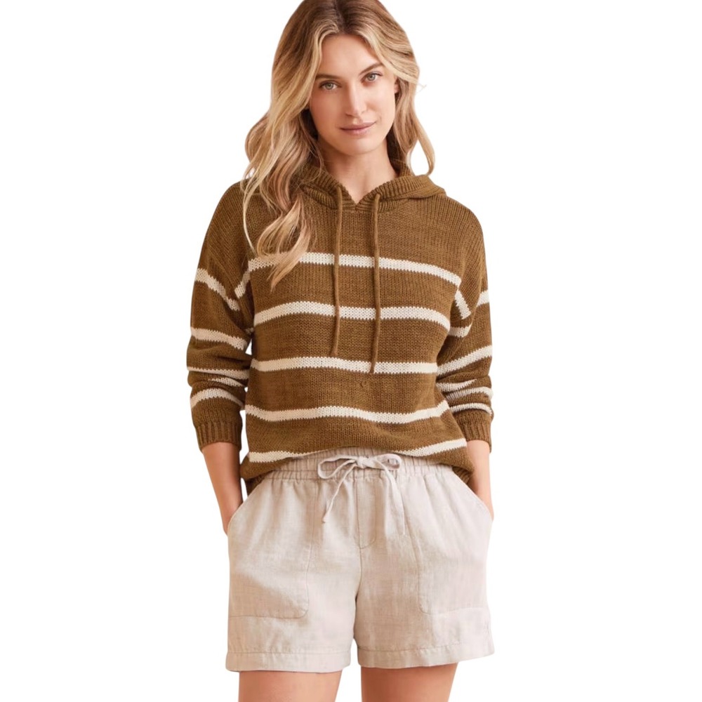 Garnet Hill Brown White Striped Hooded Beach Sweater Linen Cotton XL EUC